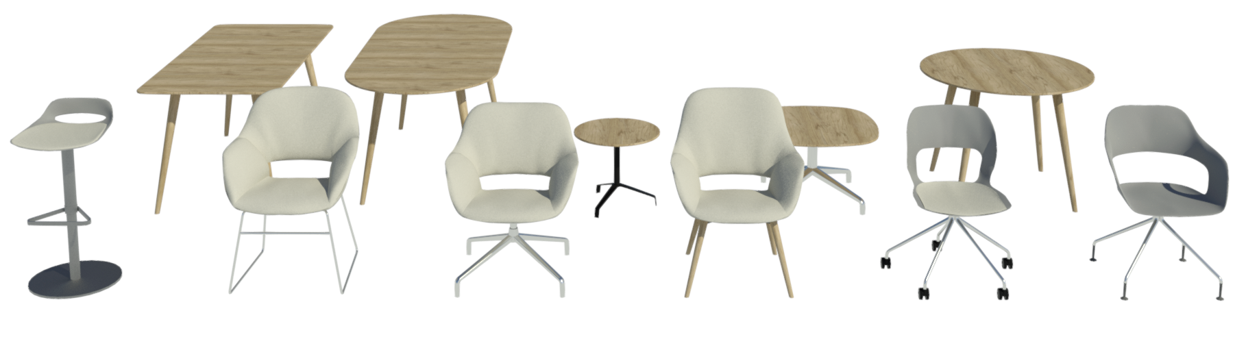 Revit render showing white chairs and stools and oak tables from the Occo range.